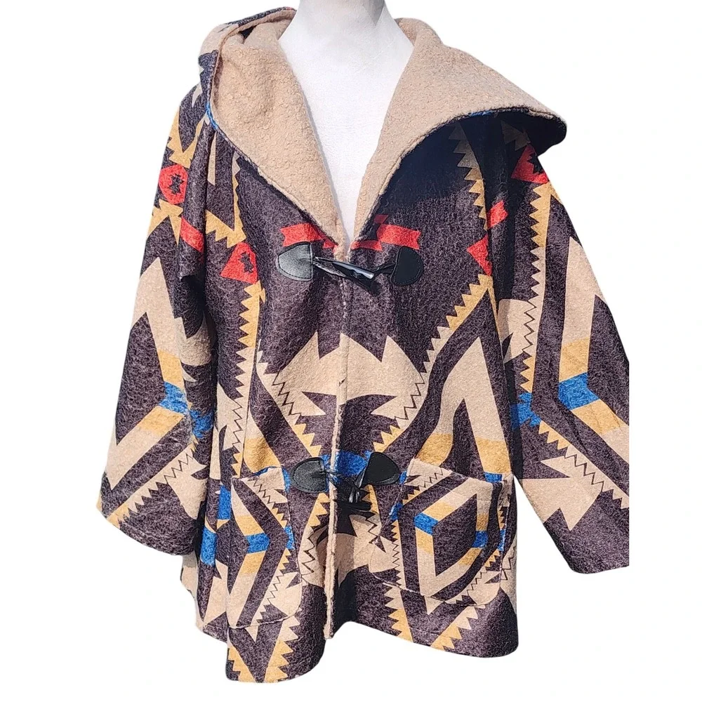 Vintage Indigo Thread Co Aztec Hooded Toggle Coat Sized L Sherpa Lined Rustic